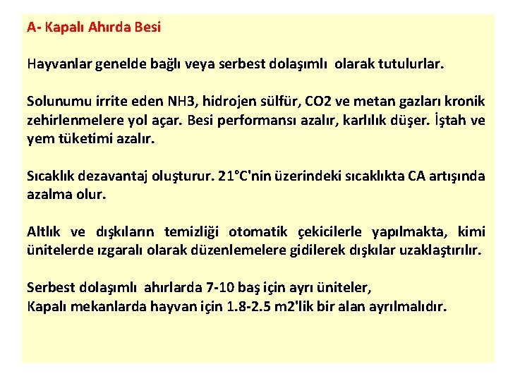 A Kapalı Ahırda Besi Hayvanlar genelde bağlı veya serbest dolaşımlı olarak tutulurlar. Solunumu irrite