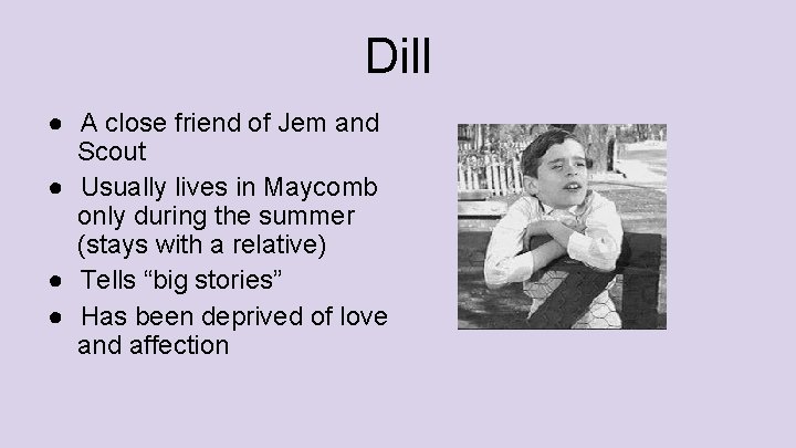 Dill ● A close friend of Jem and Scout ● Usually lives in Maycomb