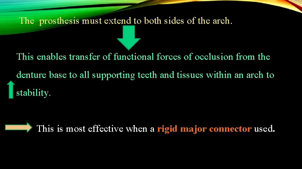 The prosthesis must extend to both sides of the arch. This enables transfer of