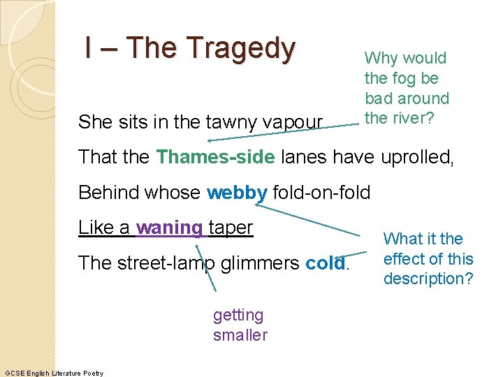 I – The Tragedy She sits in the tawny vapour Why would the fog