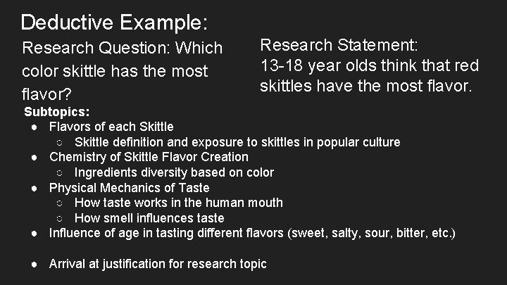 Deductive Example: Research Question: Which color skittle has the most flavor? Research Statement: 13 Deductive Example: Research Question: Which color skittle has the most flavor? Research Statement: 13