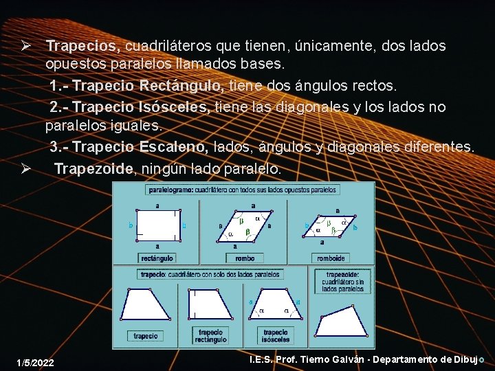 Ø Trapecios, cuadriláteros que tienen, únicamente, dos lados opuestos paralelos llamados bases. 1. -