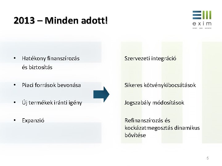 2013 – Minden adott! • Hatékony finanszírozás és biztosítás Szervezeti integráció • Piaci források