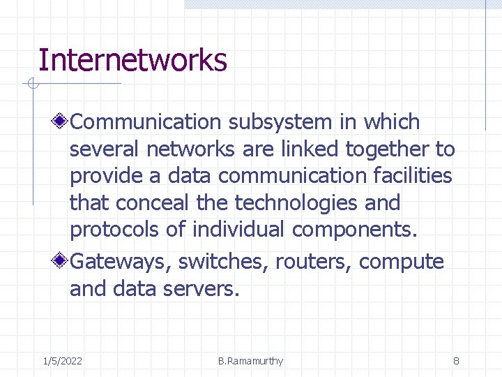 Internetworks Communication subsystem in which several networks are linked together to provide a data