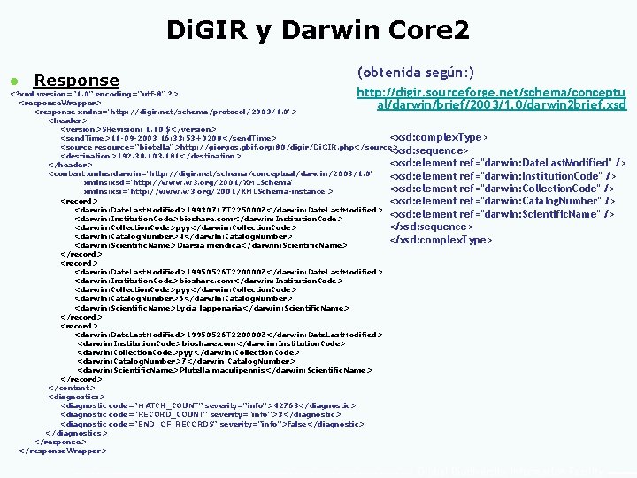 Di. GIR y Darwin Core 2 l Response (obtenida según: ) http: //digir. sourceforge.