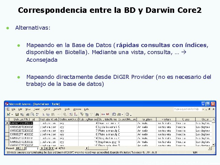 Correspondencia entre la BD y Darwin Core 2 l Alternativas: l Mapeando en la