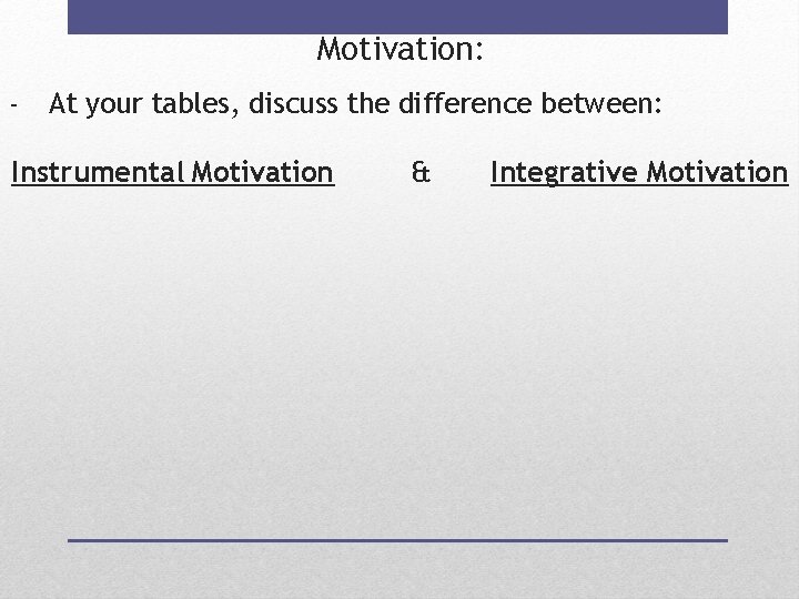 Motivation: - At your tables, discuss the difference between: Instrumental Motivation & Integrative Motivation