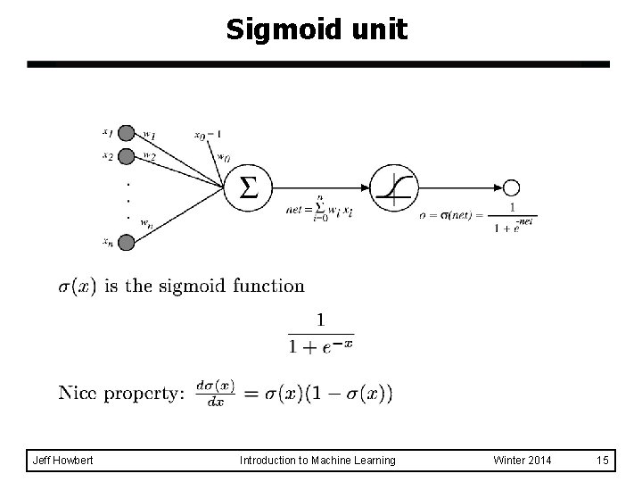 Sigmoid unit Jeff Howbert Introduction to Machine Learning Winter 2014 15 Sigmoid unit Jeff Howbert Introduction to Machine Learning Winter 2014 15