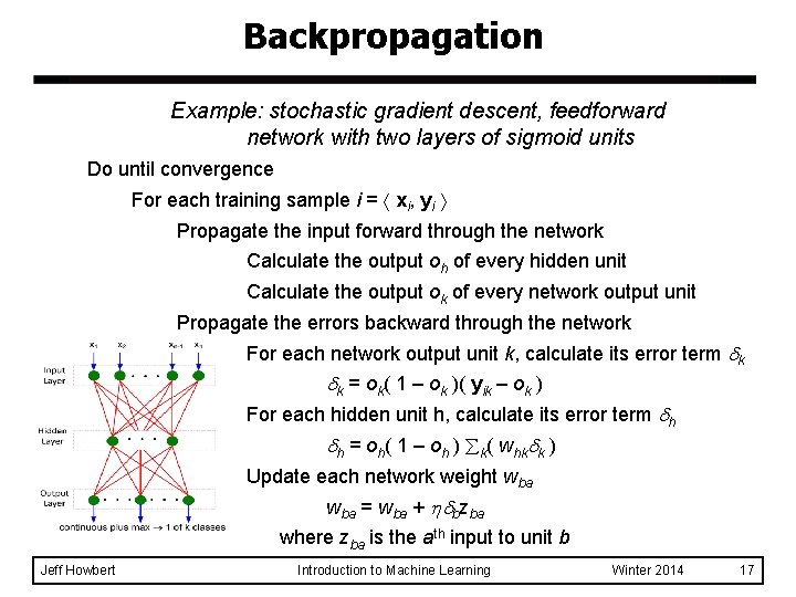 Backpropagation Example: stochastic gradient descent, feedforward network with two layers of sigmoid units Do Backpropagation Example: stochastic gradient descent, feedforward network with two layers of sigmoid units Do