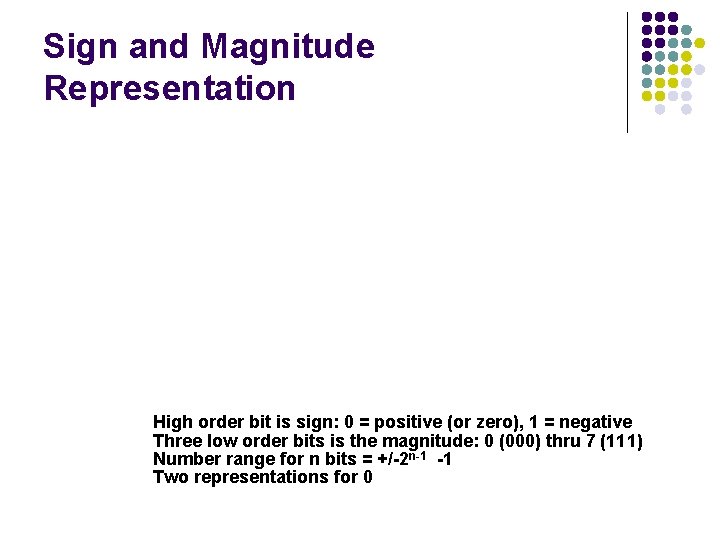 Sign and Magnitude Representation High order bit is sign: 0 = positive (or zero),
