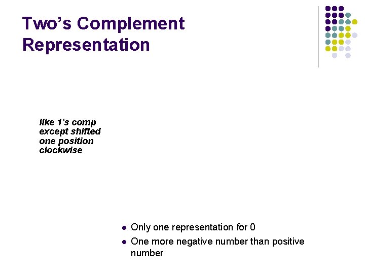 Two’s Complement Representation like 1's comp except shifted one position clockwise l l Only