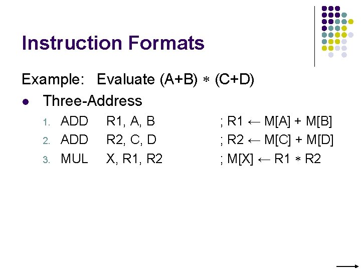 Instruction Formats Example: Evaluate (A+B) (C+D) l Three-Address 1. 2. 3. ADD MUL R