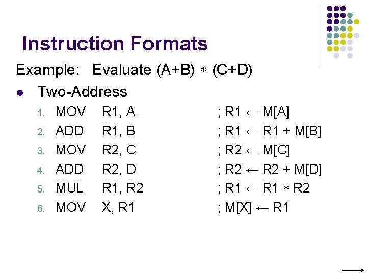 Instruction Formats Example: Evaluate (A+B) (C+D) l Two-Address 1. 2. 3. 4. 5. 6.