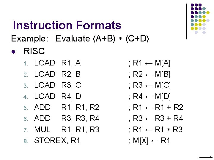 Instruction Formats Example: Evaluate (A+B) (C+D) l RISC 1. 2. 3. 4. 5. 6.