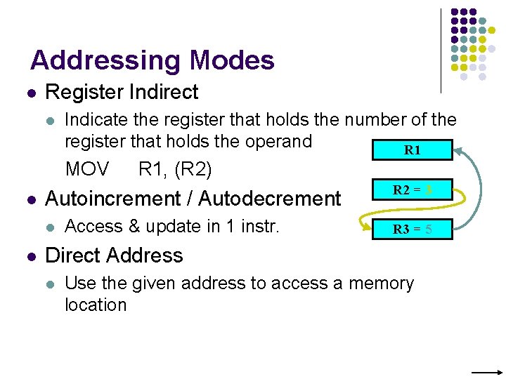 Addressing Modes l Register Indirect l Indicate the register that holds the number of