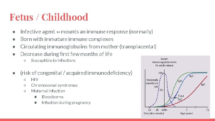 Fetus / Childhood ● ● Infective agent → mounts an immune response (normally) Born