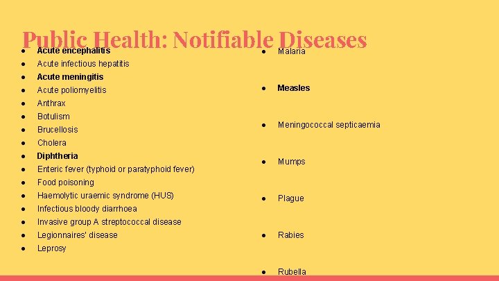 Public Health: Notifiable Diseases ● Acute encephalitis ● Acute infectious hepatitis ● Acute meningitis