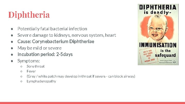 Diphtheria ● ● ● Potentially fatal bacterial infection Severe damage to kidneys, nervous system,