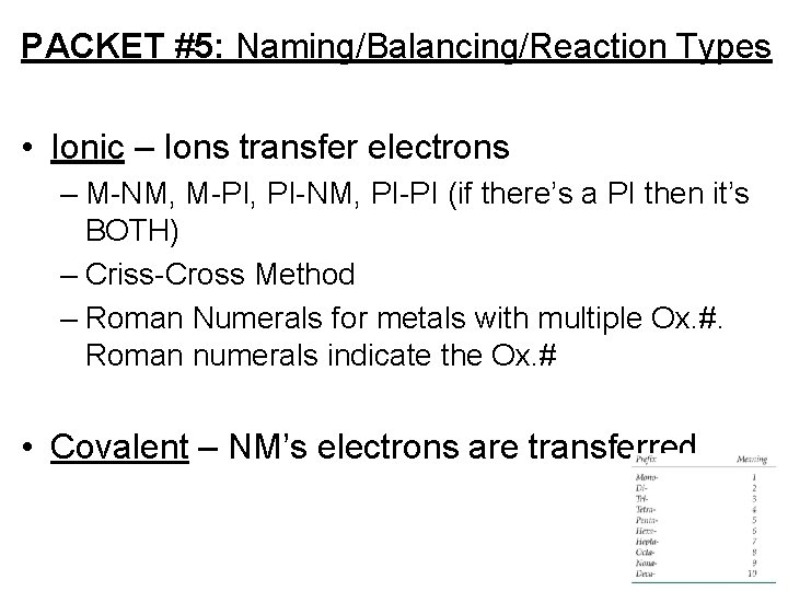 PACKET #5: Naming/Balancing/Reaction Types • Ionic – Ions transfer electrons – M-NM, M-PI, PI-NM,
