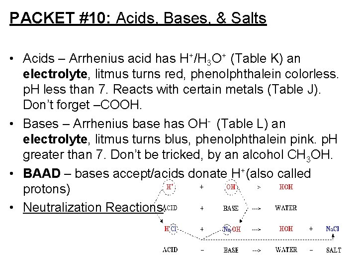 PACKET #10: Acids, Bases, & Salts • Acids – Arrhenius acid has H+/H 3