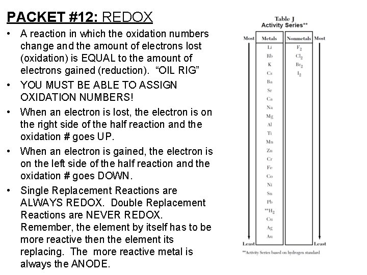 PACKET #12: REDOX • A reaction in which the oxidation numbers change and the