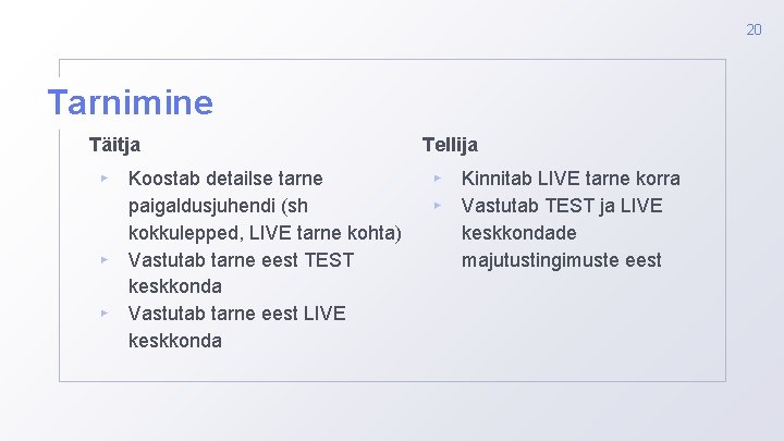 20 Tarnimine Täitja ▸ ▸ ▸ Koostab detailse tarne paigaldusjuhendi (sh kokkulepped, LIVE tarne