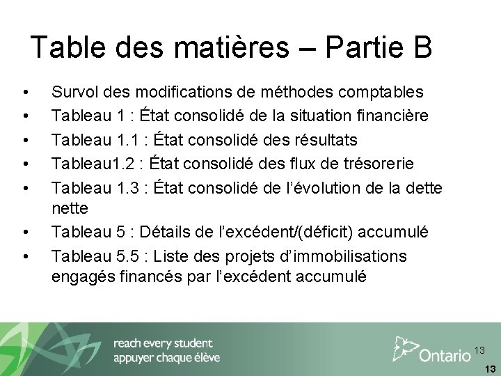 Table des matières – Partie B • • Survol des modifications de méthodes comptables