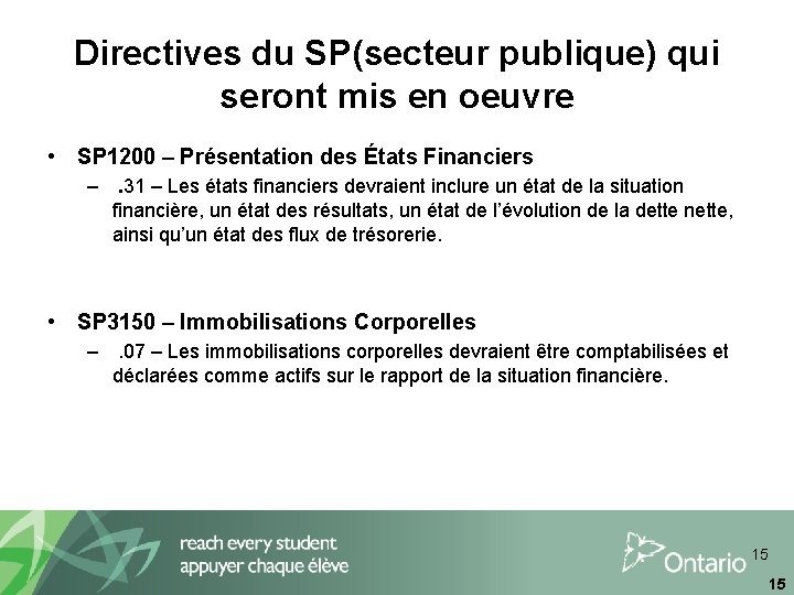 Directives du SP(secteur publique) qui seront mis en oeuvre • SP 1200 – Présentation