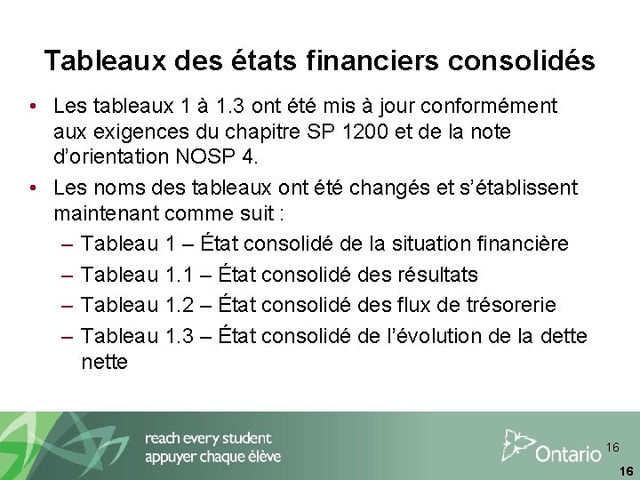 Tableaux des états financiers consolidés • Les tableaux 1 à 1. 3 ont été