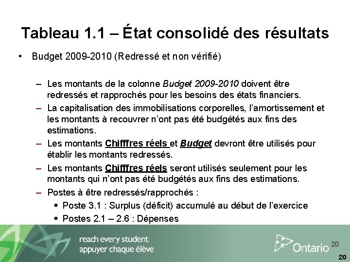 Tableau 1. 1 – État consolidé des résultats • Budget 2009 -2010 (Redressé et