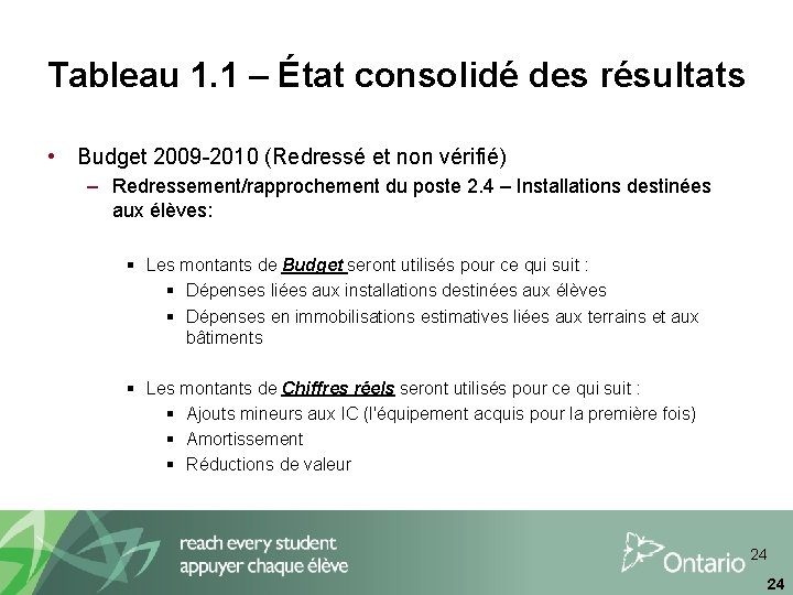 Tableau 1. 1 – État consolidé des résultats • Budget 2009 -2010 (Redressé et