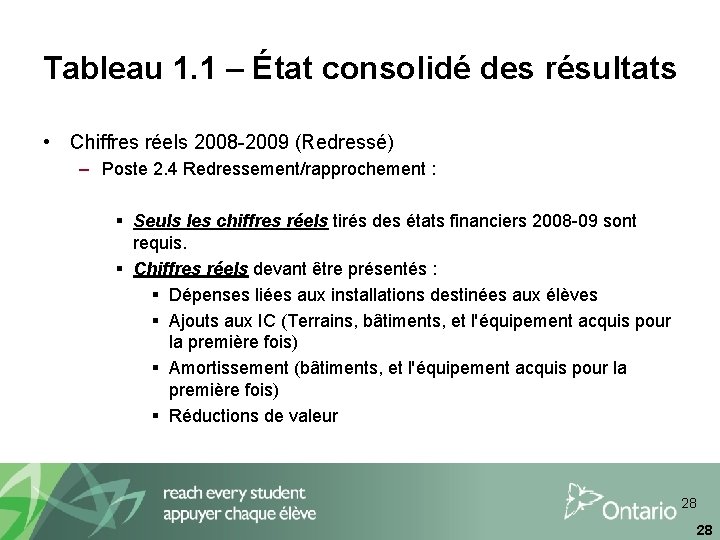 Tableau 1. 1 – État consolidé des résultats • Chiffres réels 2008 -2009 (Redressé)