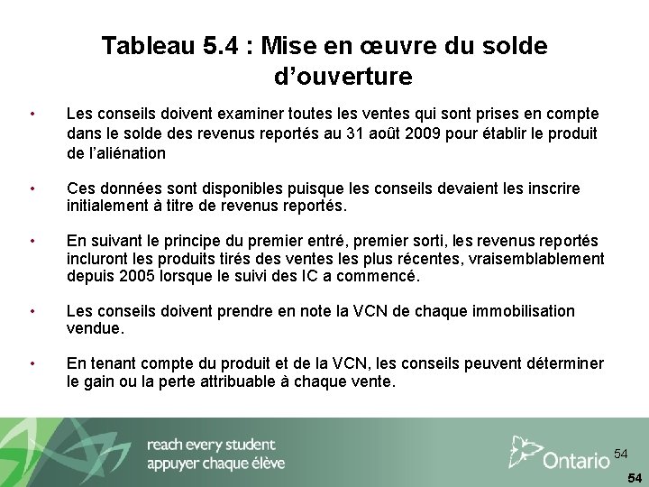 Tableau 5. 4 : Mise en œuvre du solde d’ouverture • Les conseils doivent