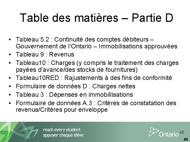 Table des matières – Partie D • Tableau 5. 2 : Continuité des comptes