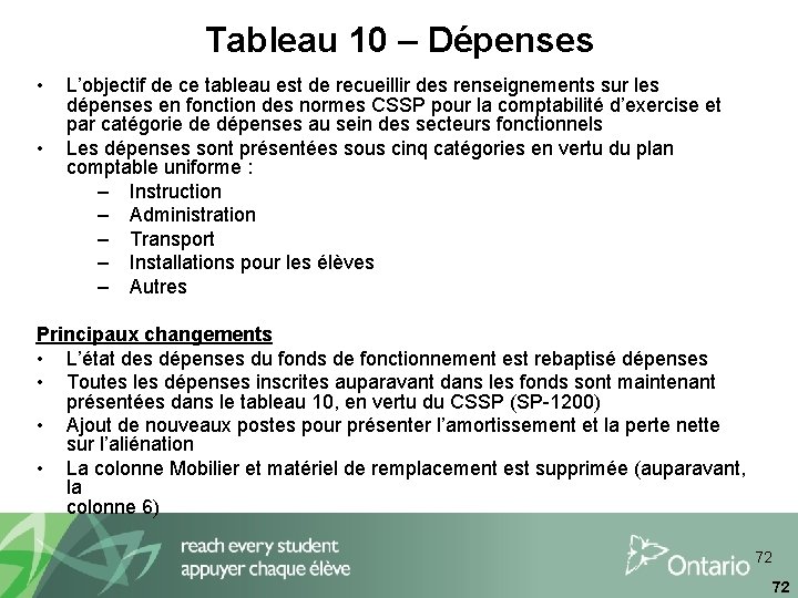 Tableau 10 – Dépenses • • L’objectif de ce tableau est de recueillir des