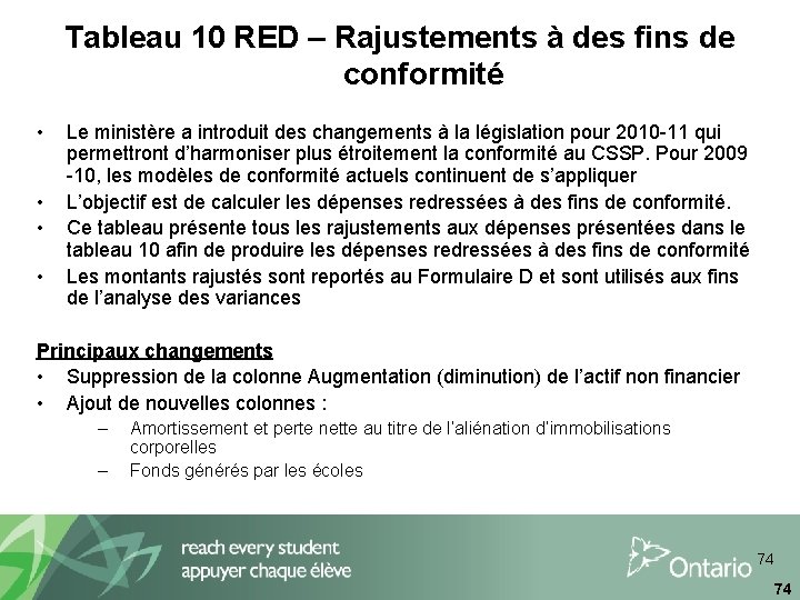 Tableau 10 RED – Rajustements à des fins de conformité • • Le ministère