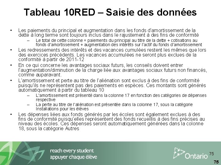 Tableau 10 RED – Saisie des données • Les paiements du principal et augmentation