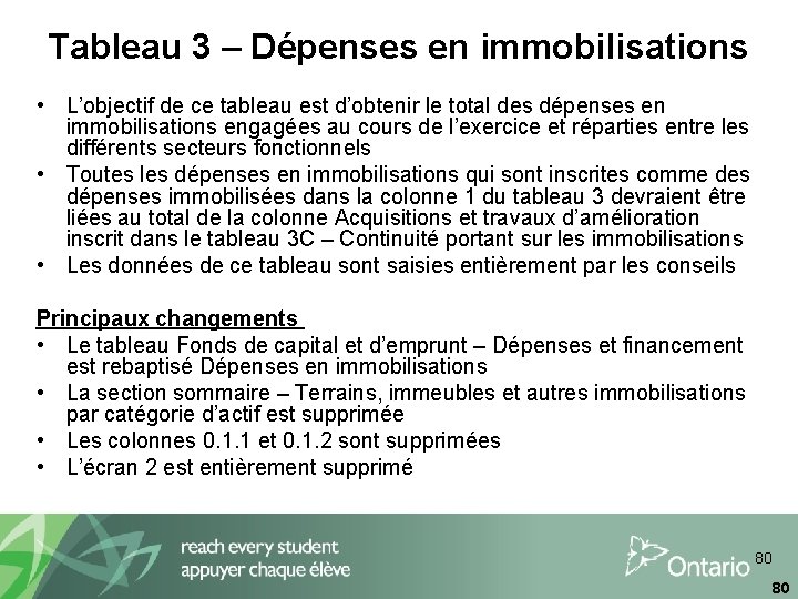 Tableau 3 – Dépenses en immobilisations • L’objectif de ce tableau est d’obtenir le