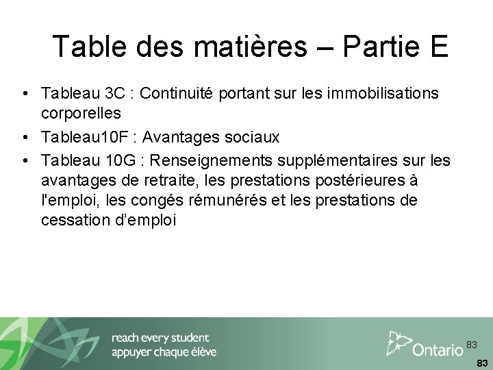 Table des matières – Partie E • Tableau 3 C : Continuité portant sur