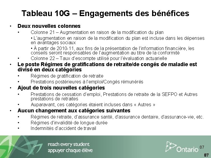 Tableau 10 G – Engagements des bénéfices • Deux nouvelles colonnes • Colonne 21