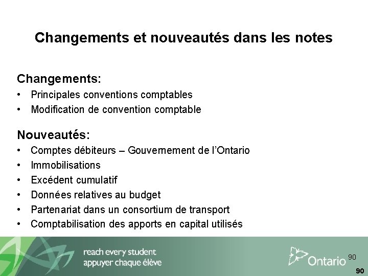 Changements et nouveautés dans les notes Changements: • Principales conventions comptables • Modification de