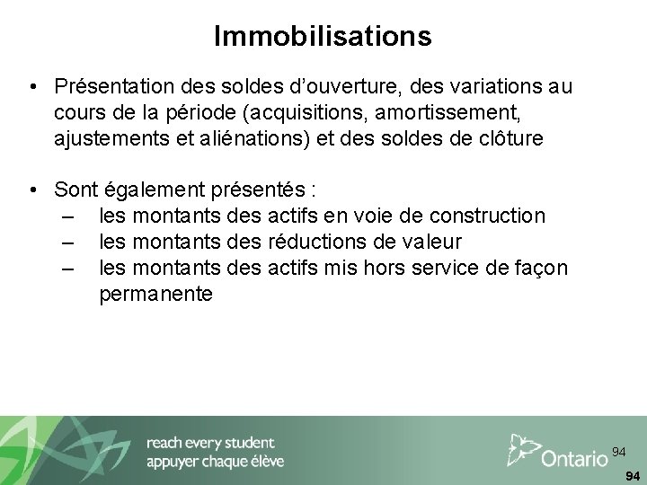 Immobilisations • Présentation des soldes d’ouverture, des variations au cours de la période (acquisitions,