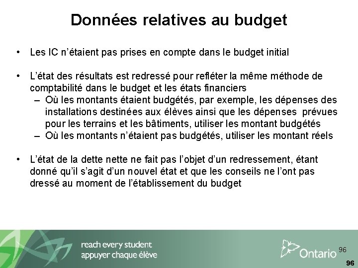 Données relatives au budget • Les IC n’étaient pas prises en compte dans le