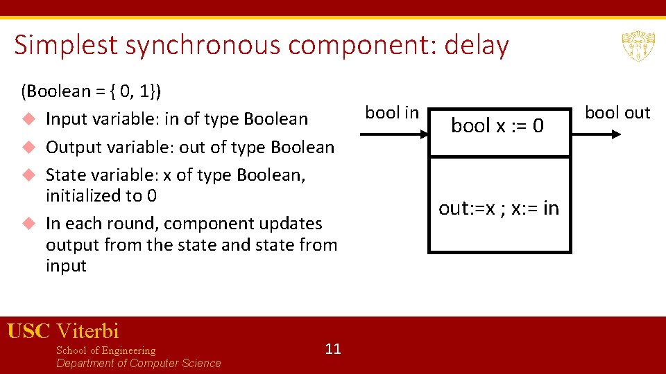 Simplest synchronous component: delay (Boolean = { 0, 1}) Input variable: in of type