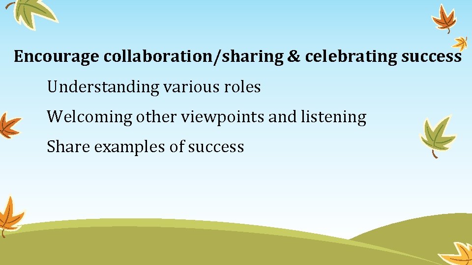 Encourage collaboration/sharing & celebrating success Understanding various roles Welcoming other viewpoints and listening Share