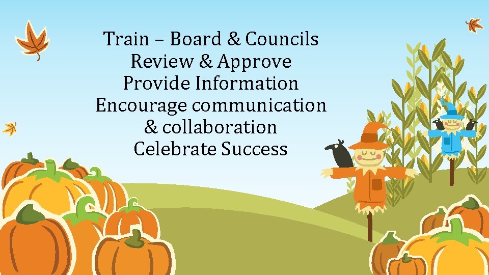 Train – Board & Councils Review & Approve Provide Information Encourage communication & collaboration