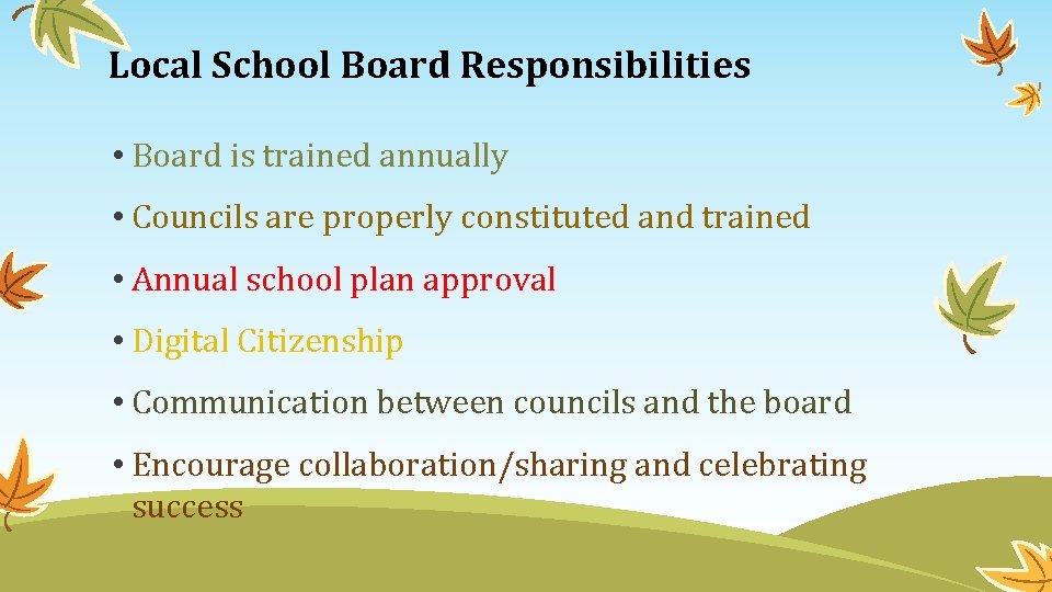 Local School Board Responsibilities • Board is trained annually • Councils are properly constituted