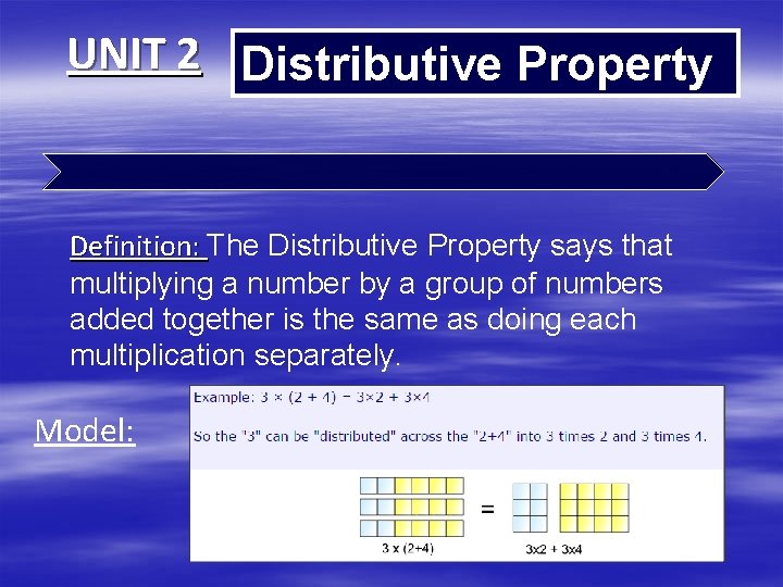 UNIT 2 Distributive Property Definition: The Distributive Property says that multiplying a number by