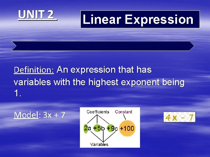 UNIT 2 Linear Expression Definition: An expression that has variables with the highest exponent