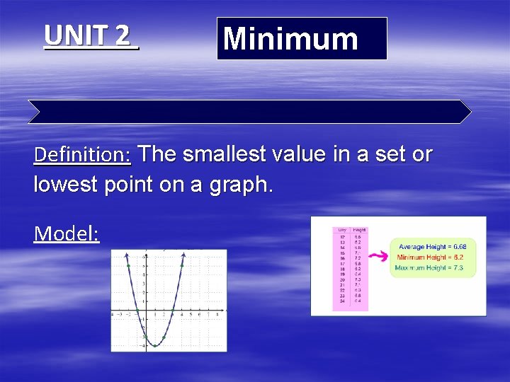 UNIT 2 Minimum Definition: The smallest value in a set or lowest point on